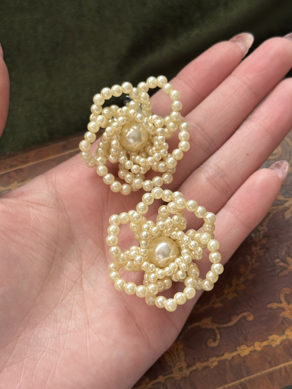 Vintage Faux Pearl Flower Clip on Earrings